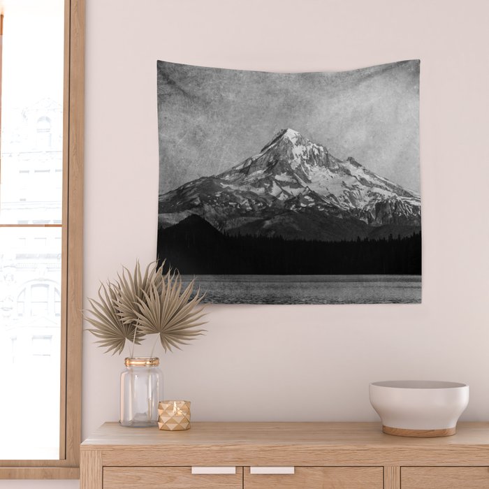 Mt Hood Black and White Vintage Nature Photography Wall Tapestry Gallery Image 2