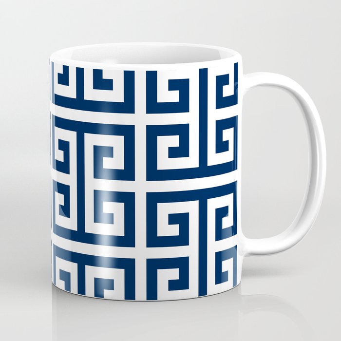 Dark Navy Blue and White Greek Key Pattern Coffee Mug Gallery Image 1
