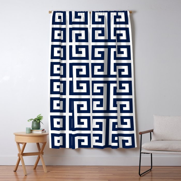 Dark Navy Blue and White Greek Key Pattern Window Curtain Gallery Image 5