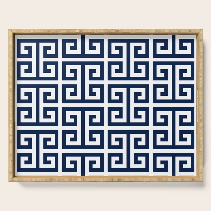 Dark Navy Blue and White Greek Key Pattern Serving Tray Gallery Image 1