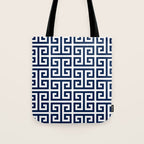 Dark Navy Blue and White Greek Key Pattern Tote Bag Gallery Image 1