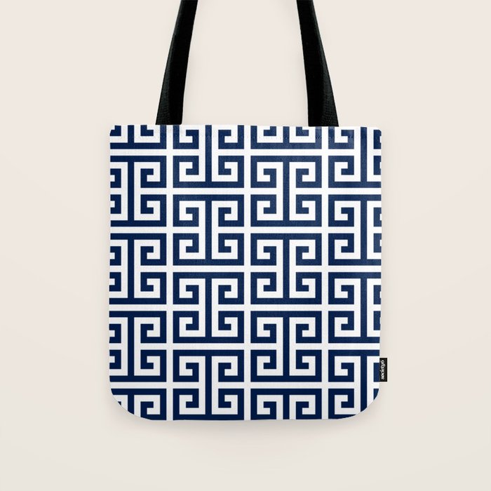 Dark Navy Blue and White Greek Key Pattern Tote Bag Gallery Image 1