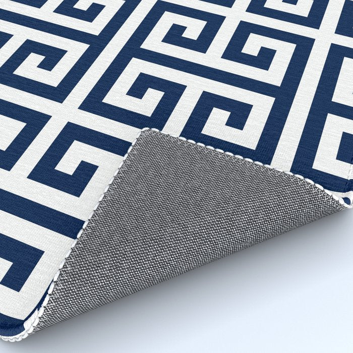 Dark Navy Blue and White Greek Key Pattern Rug Gallery Image 4