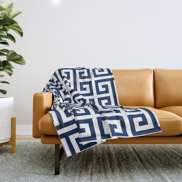 Dark Navy Blue and White Greek Key Pattern Throw Blanket Gallery Image 1