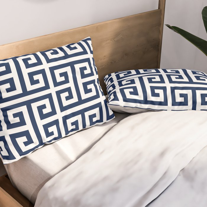 Dark Navy Blue and White Greek Key Pattern Pillow Sham Gallery Image 2