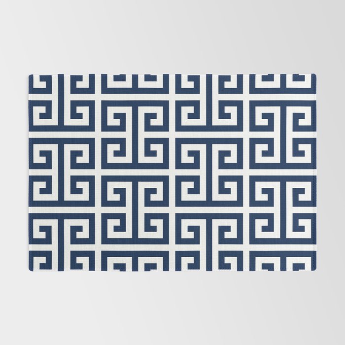 Dark Navy Blue and White Greek Key Pattern Rug Gallery Image 2