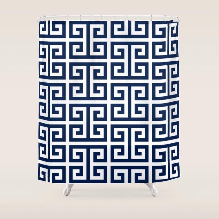 Dark Navy Blue and White Greek Key Pattern Shower Curtain Gallery Image 1