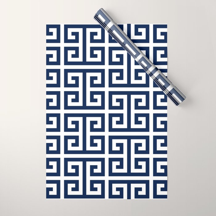 Dark Navy Blue and White Greek Key Pattern Wrapping Paper Gallery Image 1
