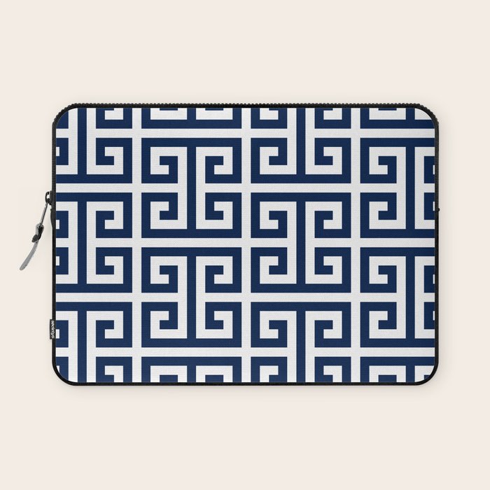 Dark Navy Blue and White Greek Key Pattern Laptop Sleeve Gallery Image 1