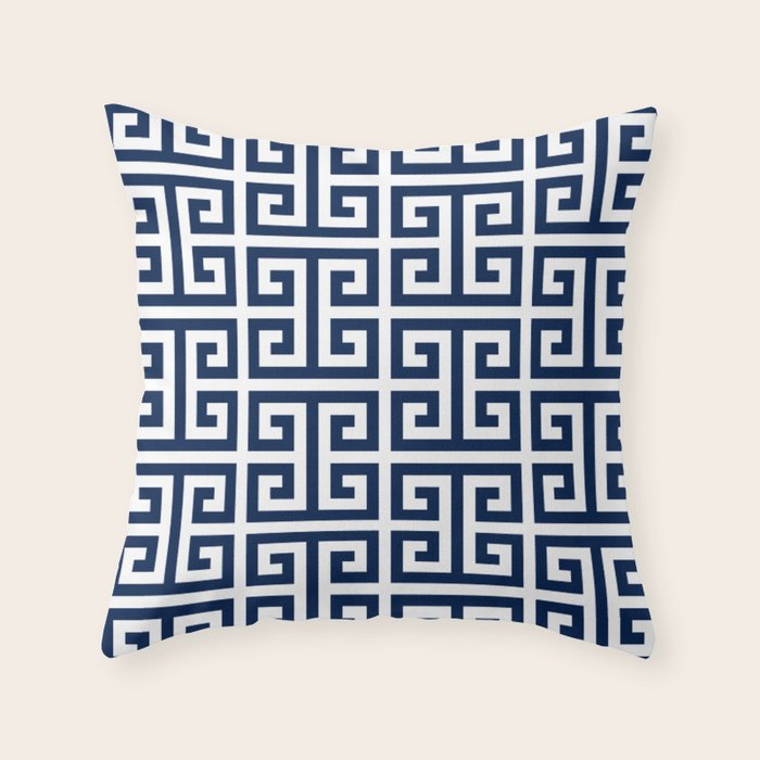 Dark Navy Blue and White Greek Key Pattern Throw Pillow Gallery Image 6