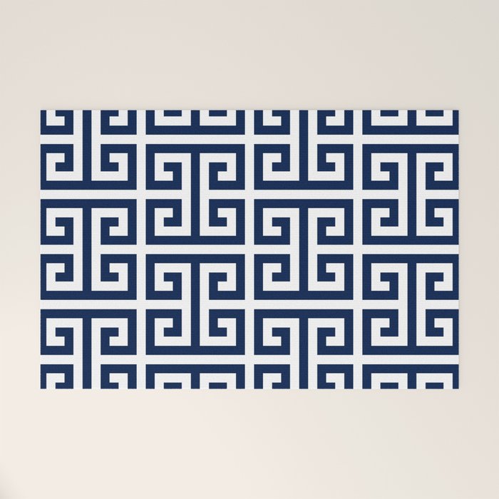 Dark Navy Blue and White Greek Key Pattern Welcome Mat Gallery Image 1