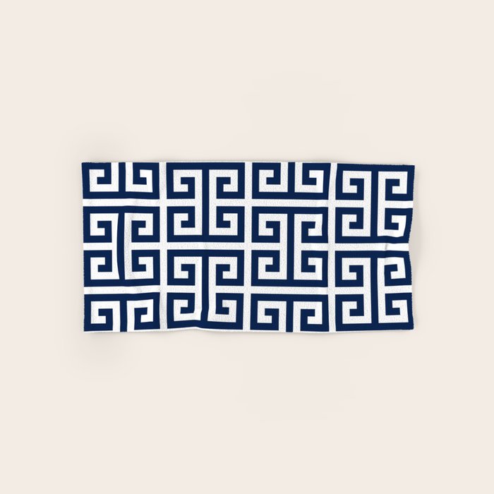 Dark Navy Blue and White Greek Key Pattern Bath Towel Gallery Image 1