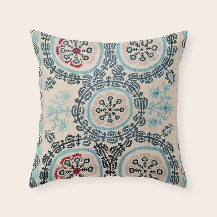 Ferghana Suzani  Northeast Uzbekistan Embroidery Print Throw Pillow Gallery Image 1