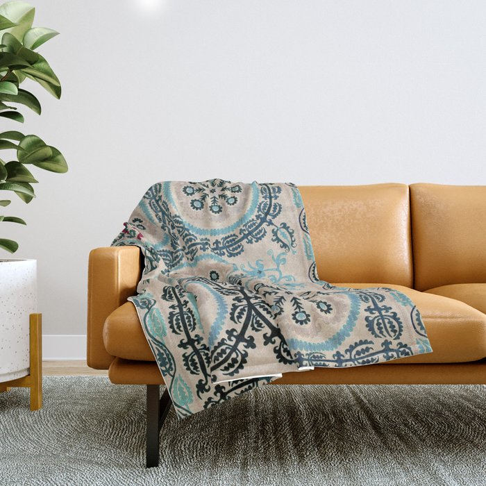 Ferghana Suzani  Northeast Uzbekistan Embroidery Print Throw Blanket Gallery Image 1