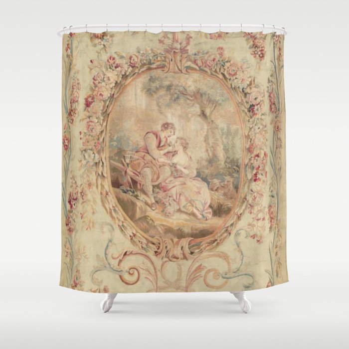 Antique 18th Century Louis XV Romantic Lovers French Beauvais Tapestry Shower Curtain Gallery Image 1