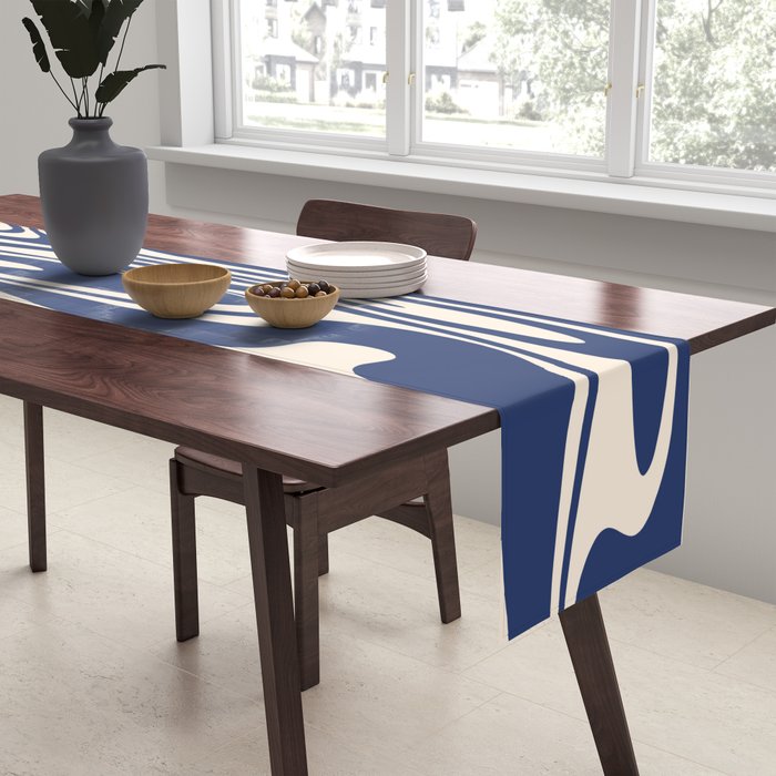 Retro Fantasy Swirl Abstract in Blue and Cream Table Runner Gallery Image 2