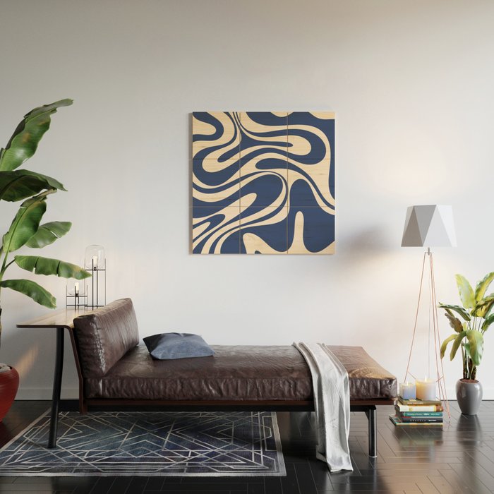 Retro Fantasy Swirl Abstract in Blue and Cream Wood Wall Art Gallery Image 2