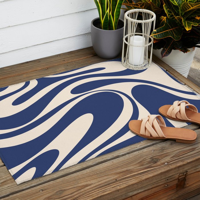 Retro Fantasy Swirl Abstract in Blue and Cream Outdoor Rug Gallery Image 2