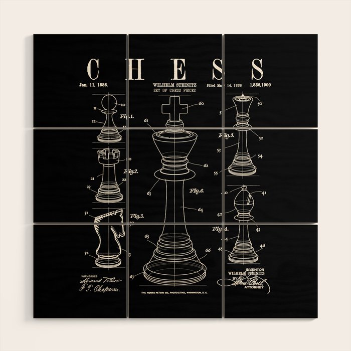 Chess King And Pieces Old Vintage Patent Drawing Print Wood Wall Art Gallery Image 1