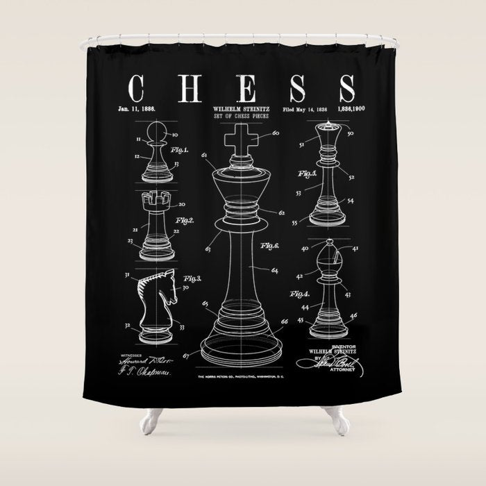 Chess King And Pieces Old Vintage Patent Drawing Print Shower Curtain Gallery Image 1