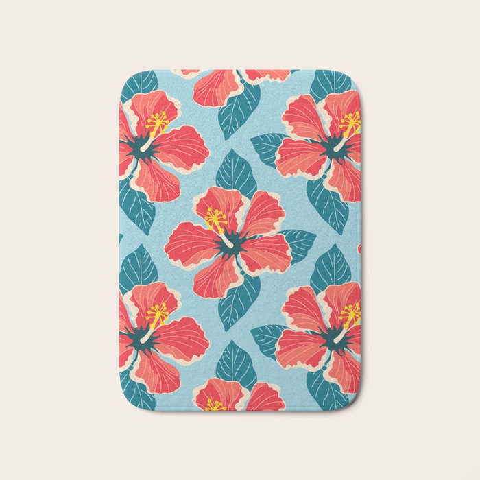 Tropical hibiscus summer flower art pattern Bath Mat Gallery Image 1