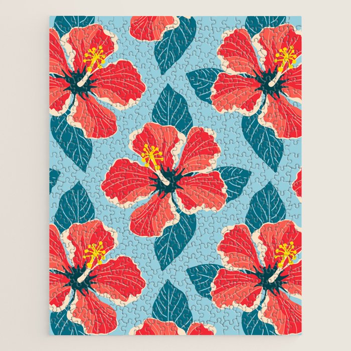 Tropical hibiscus summer flower art pattern Jigsaw Puzzle Gallery Image 1