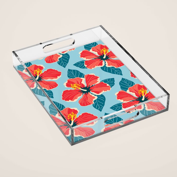 Tropical hibiscus summer flower art pattern Acrylic Tray Gallery Image 1