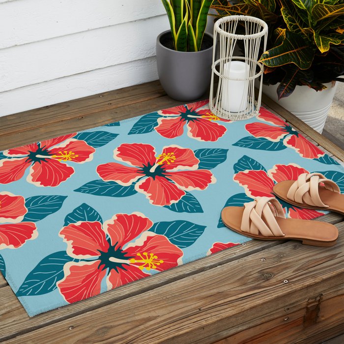 Tropical hibiscus summer flower art pattern Outdoor Rug Gallery Image 2