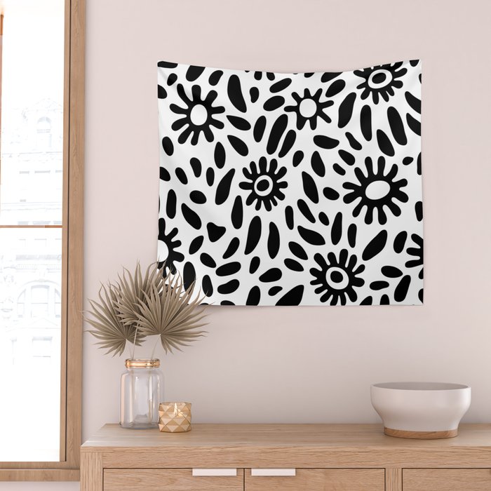 Abstract black and white flower nature art pattern Wall Tapestry Gallery Image 2