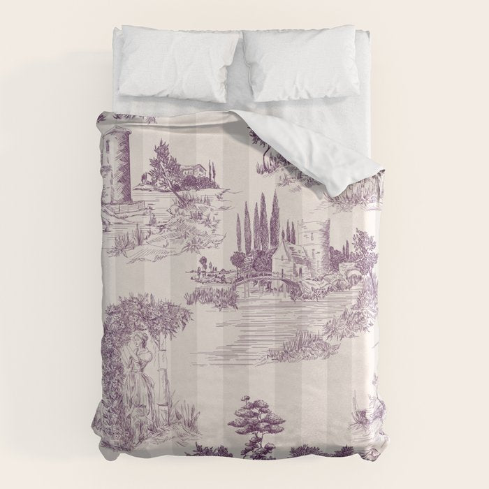 Toile de Jouy Vintage French Plum Striped Pastoral Pattern Duvet Cover Gallery Image 1
