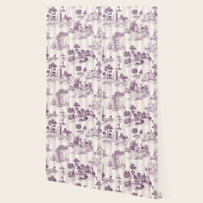 Toile de Jouy Vintage French Plum Striped Pastoral Pattern Wallpaper Gallery Image 2