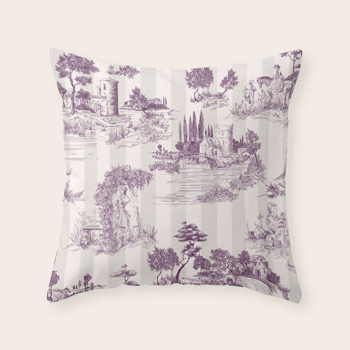 Toile de Jouy Vintage French Plum Striped Pastoral Pattern Throw Pillow Gallery Image 1