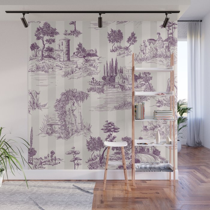 Toile de Jouy Vintage French Plum Striped Pastoral Pattern Wall Mural Gallery Image 1