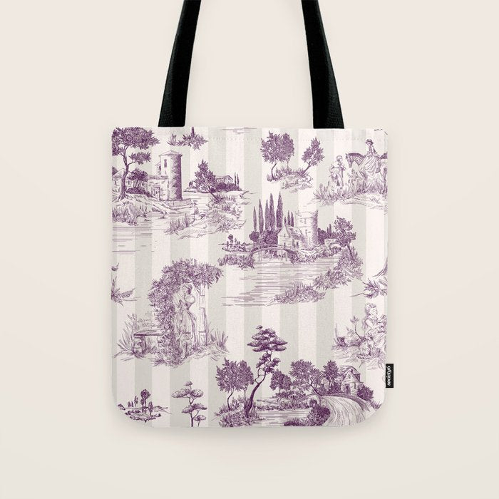 Toile de Jouy Vintage French Plum Striped Pastoral Pattern Tote Bag Gallery Image 1