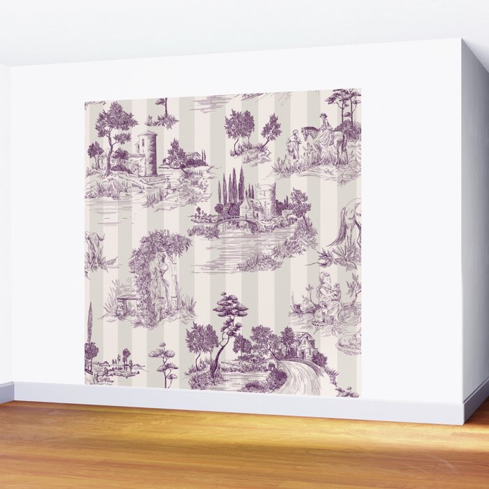 Toile de Jouy Vintage French Plum Striped Pastoral Pattern Wall Mural Gallery Image 2