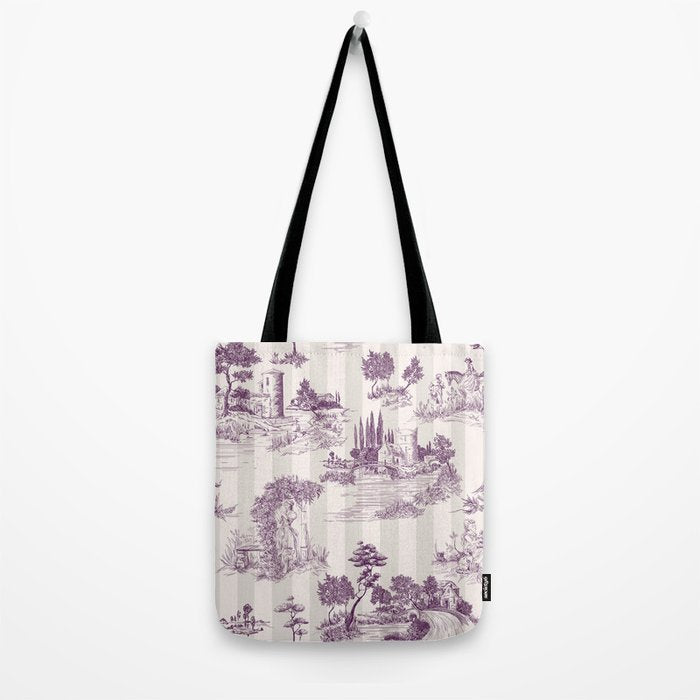 Toile de Jouy Vintage French Plum Striped Pastoral Pattern Tote Bag Gallery Image 2