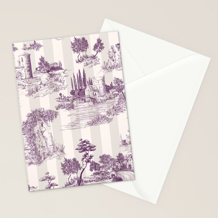 Toile de Jouy Vintage French Plum Striped Pastoral Pattern Stationery Card Gallery Image 2