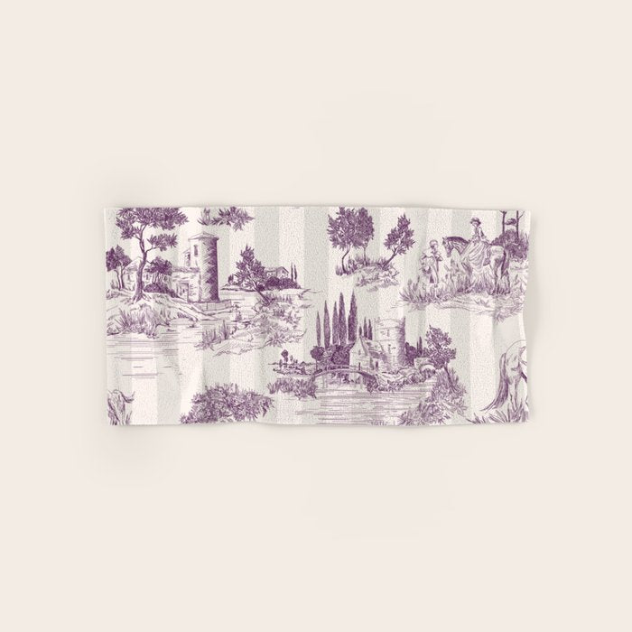 Toile de Jouy Vintage French Plum Striped Pastoral Pattern Bath Towel Gallery Image 1