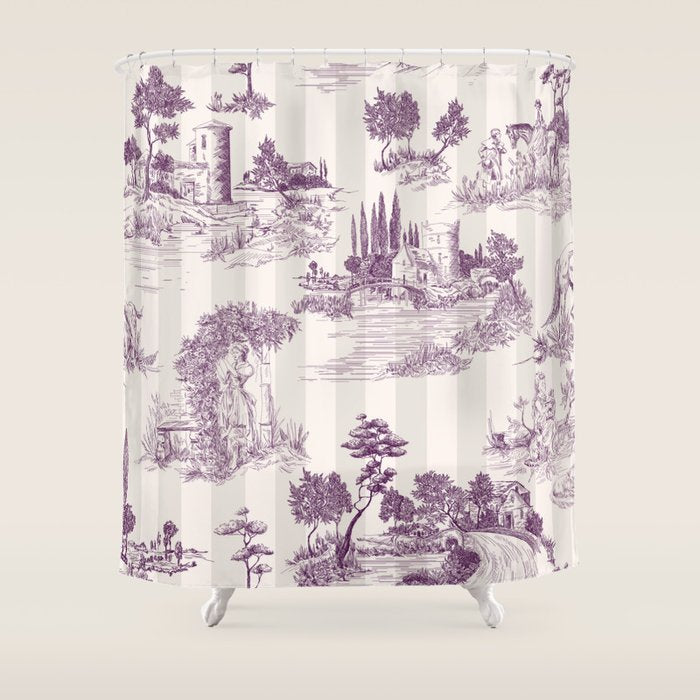 Toile de Jouy Vintage French Plum Striped Pastoral Pattern Shower Curtain Gallery Image 1