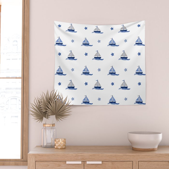 Navy Blue Nautical Sailboat Wall Tapestry Gallery Image 2
