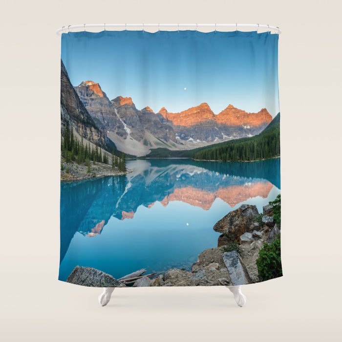 Moraine Lake Sunrise Banff National Park Canada Mountain Landscape Shower Curtain Gallery Image 1