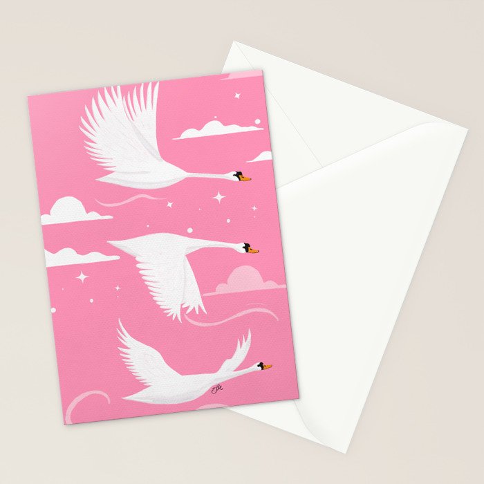 Flying Swans Illustration - Pink Sky with Clouds and Stars Stationery Card Gallery Image 2