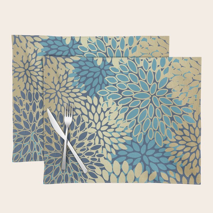 Christmas, Flower Garden, Gold and Blue, Floral Prints Placemat Gallery Image 1