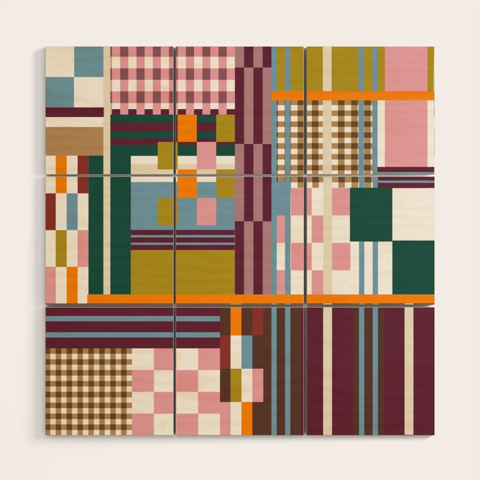 Retro Plaid Patchwork Collage Wood Wall Art Gallery Image 1