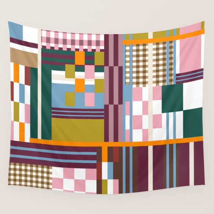 Retro Plaid Patchwork Collage Wall Tapestry Gallery Image 1