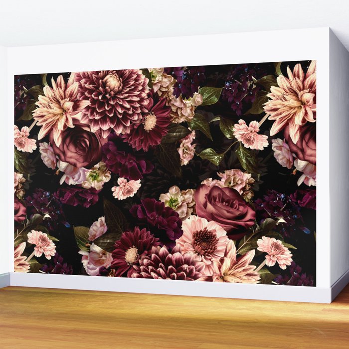 Vintage & Shabby Chic- Real Chrysanthemums Lush Midnight Flowers Botanical Garden Wall Mural Gallery Image 2