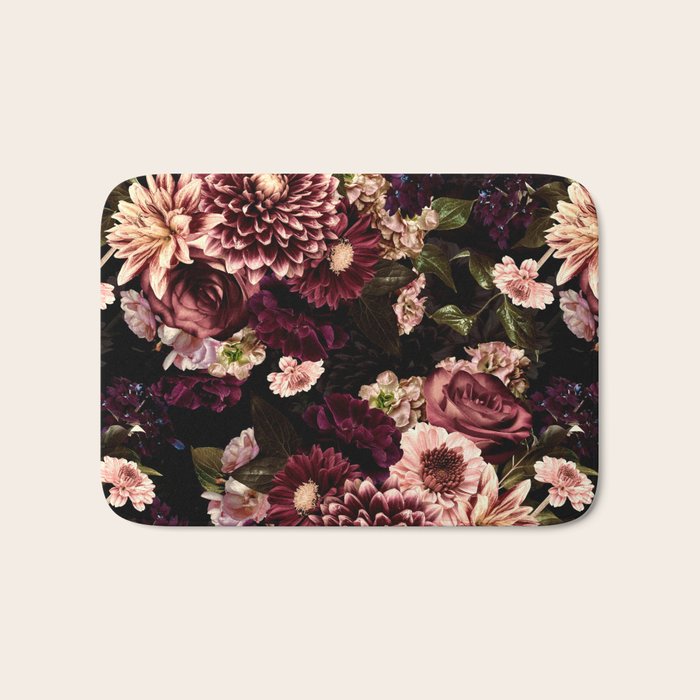 Vintage & Shabby Chic- Real Chrysanthemums Lush Midnight Flowers Botanical Garden Bath Mat Gallery Image 1