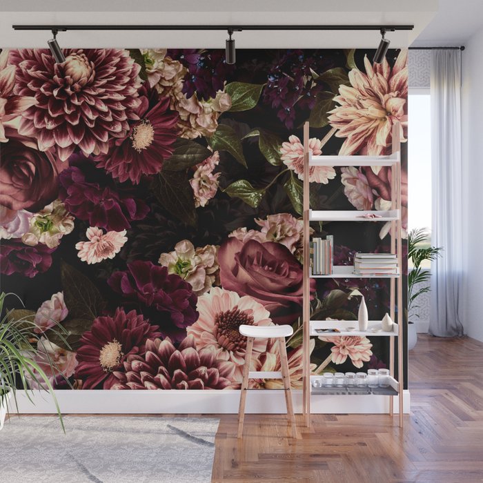 Vintage & Shabby Chic- Real Chrysanthemums Lush Midnight Flowers Botanical Garden Wall Mural Gallery Image 1