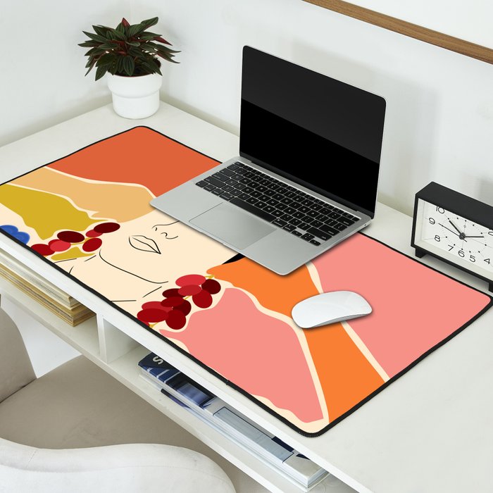 Trends, Bohemian Abstract Matisse Woman, Fashion Grapes Eclectic Illustration, Colorful Boho Contemporary Modern  Desk Mat Gallery Image 2