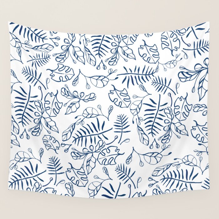 Tropical Plant Boho Chinoiserie Blue and White Wall Tapestry Gallery Image 4